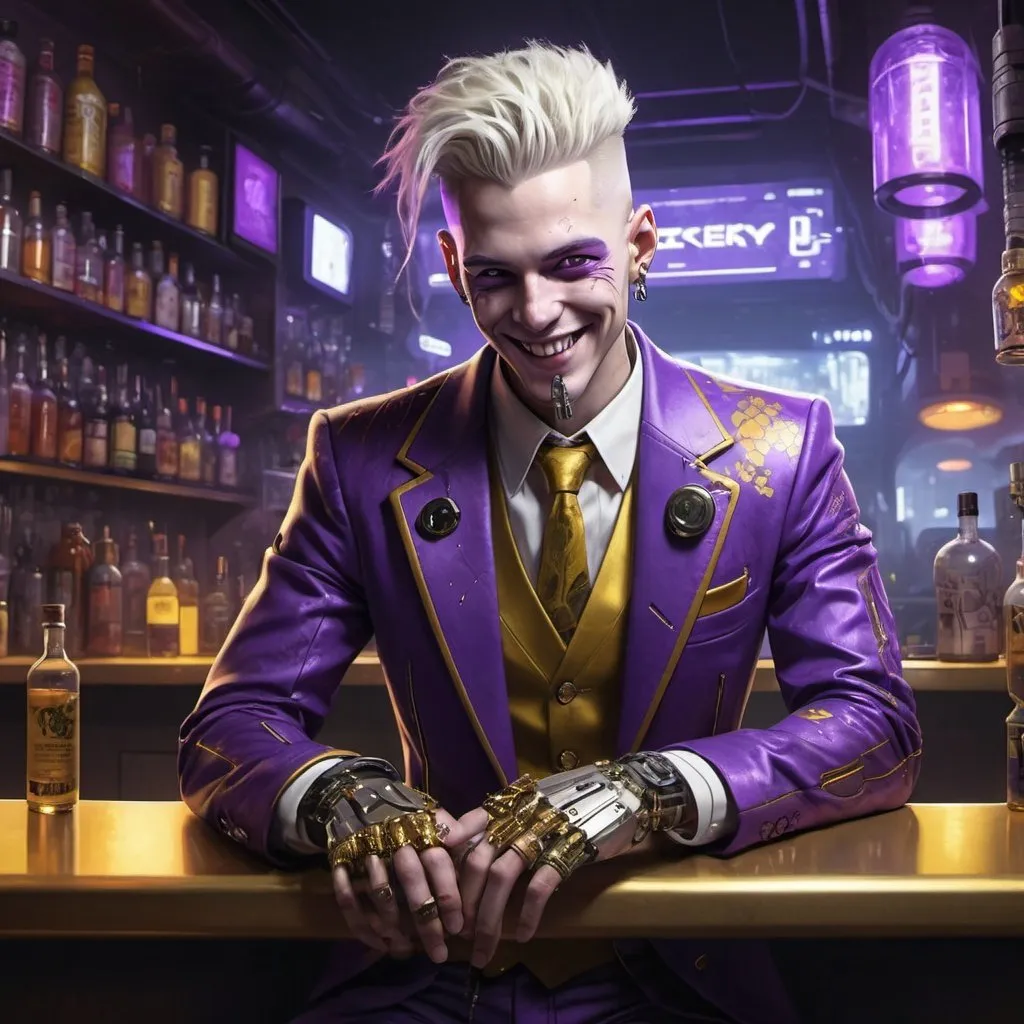 Prompt: A white skinned male cyberpunk in a purple and gold suit grinning at a seedy futuristic bar surrounded by drug paraphernalia 