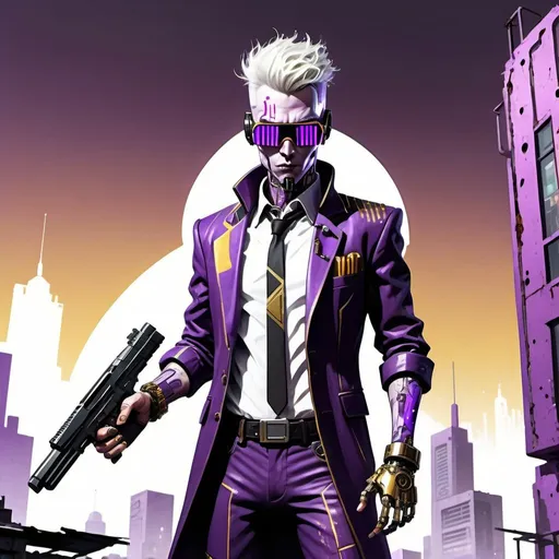 Prompt: A white skinned male cyberpunk with smartglasses in a purple and gold suit with a cybernetic hand points a very heavy pistol at the viewer with and holds a bottle of tequila in the other hand. He stands on the roof of his seedy nightclub in the combat zone of a dilapidated futuristic dystopian city.