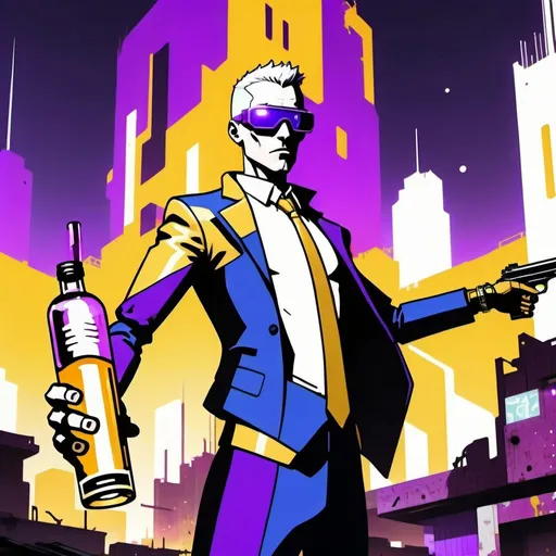 Prompt: A white skinned male cyberpunk with smartglasses in a purple and gold suit with a cybernetic hand points a very heavy pistol at the viewer with and holds a bottle of tequila in the other hand. He stands on the roof of his seedy nightclub in the combat zone of a dilapidated futuristic dystopian city.