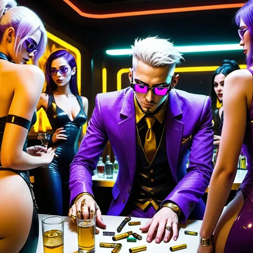 Prompt: A white skinned male cyberpunk with glasses and a purple and gold suit regales 6 beautiful cyberpunk women with tales of his exploits in a seedy futuristic nightclub at a table covered in liquor and drugs