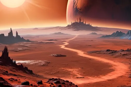 Prompt: View from Mars with realistic atmosphere, vibrant colors, high contrast, Earth in background at realistic size, intense, highest quality image, iron throne from Game of Thrones to one side, realistic Martian landscape, vibrant colors, high contrast, detailed Earth, atmospheric lighting