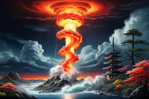 Prompt: Japanese landscape with water pillar, tornado, fireball, upended earth, vibrant colors, high contrast, realistic lighting, high resolution, detailed, dynamic composition, surreal, natural elements, atmospheric lighting