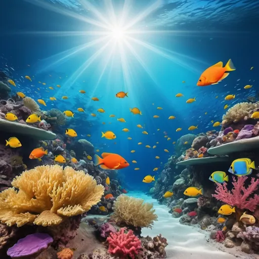 Prompt: Underwater coral reef with bright colored fish, blue tinted water with sunbeams, ocean floor perspective, high quality, detailed, colorful, realistic, underwater, vibrant, radiant sunlight, coral diversity, tropical fish, marine life, oceanic environment, deep sea