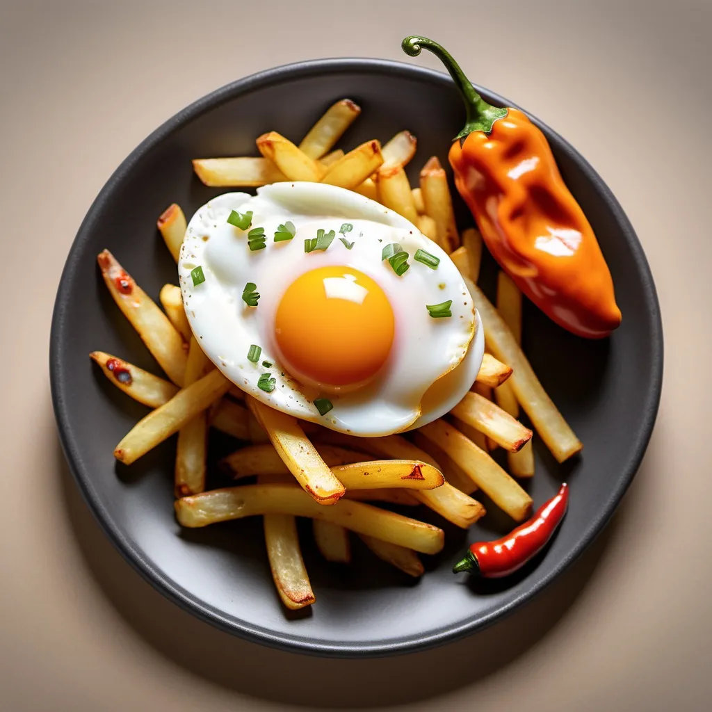 Prompt: an egg  with fresh potato fries
 and a habanero chilli on the side. this is for a logo
