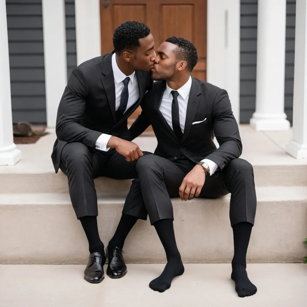 Prompt:  a handsome black man wearing a suit and black ribbed otc dress socks kisses the black otc ribbed dress socks of another handsome black man wearing a suit and black ribbed otc dress socks