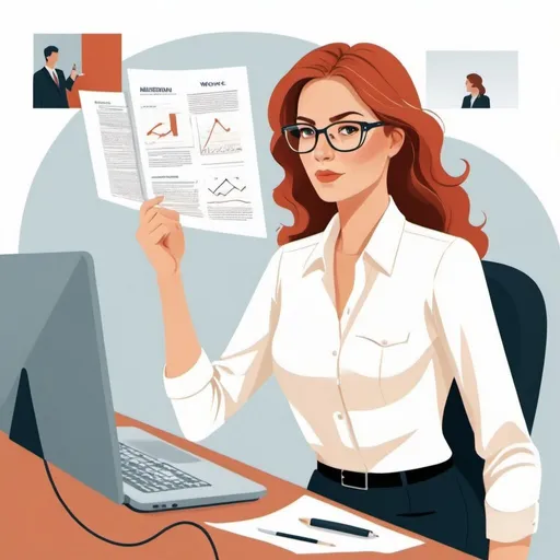 Prompt: Create an image for linekding article about women at work, focus on ambition and career. This will be a vector image with a women and  deks and her ambitous career