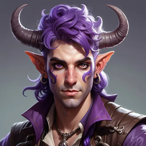 Prompt: A tiefling with spiral horns, purple hair, silver eyes and clear skin. He is a druid and dresses as a pirate.