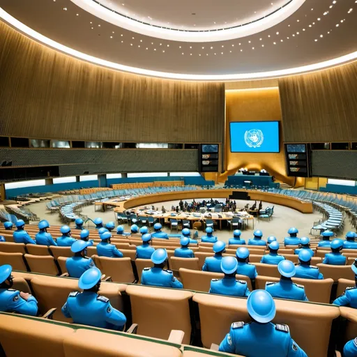 Prompt: United Nations Sitting in a big room, the guards are army people with the iconic blue helmets. However instead of 'UN' on the blue helmets, it should say 'VSV'.