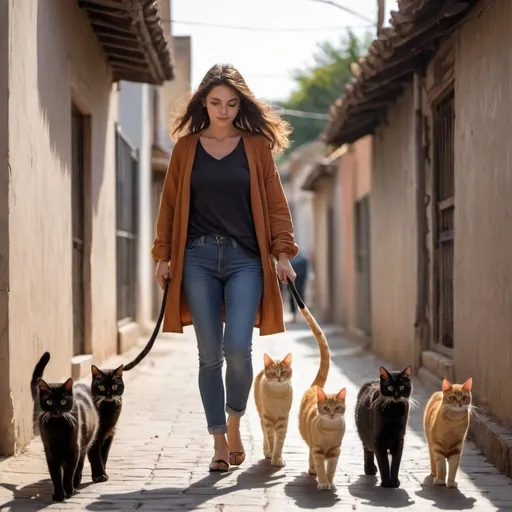 Prompt: Una mujer hoben y hermosa, caminando rodeada de gatos 