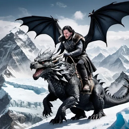 Prompt: Jon snow riding an dragon at mountain Everest 