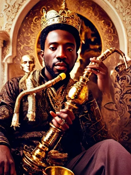 Prompt: (majestic King), enveloped in golden smoke, holding a lavish golden hookah, (elegant attire), detailed facial features with a regal expression, ornate background featuring opulence, rich textures, and golden accents, (dramatic lighting), a warm and inviting atmosphere, (ultra-detailed), mesmerizing sparkle in the smoke that contrasts with deep royal hues.