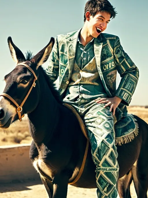 Prompt: (algerian kin sitting on donkey), dressed in clothing made of US dollar bills, detailed facial expression, vibrant patterns on clothing, relaxed pose, whimsical atmosphere, sunny background with a clear blue sky, high quality 4K, charming and playful ambiance, emphasizing golden hues and rich textures in the currency-inspired outfit.