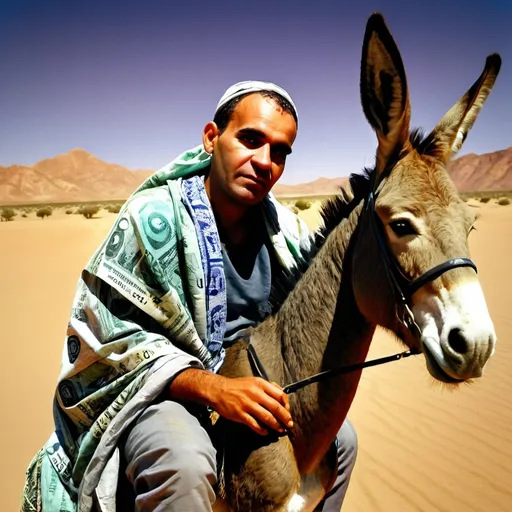 Prompt: Algerian man (sitting on a donkey), draped in improvised clothing made from US dollar bills, intriguing mix of cultures, vibrant colors, expressive facial features showing contentment, lush background of desert landscape with distant dunes, soft ambient lighting creating a warm vibe, high-detail, artistically captivating, photorealistic quality.