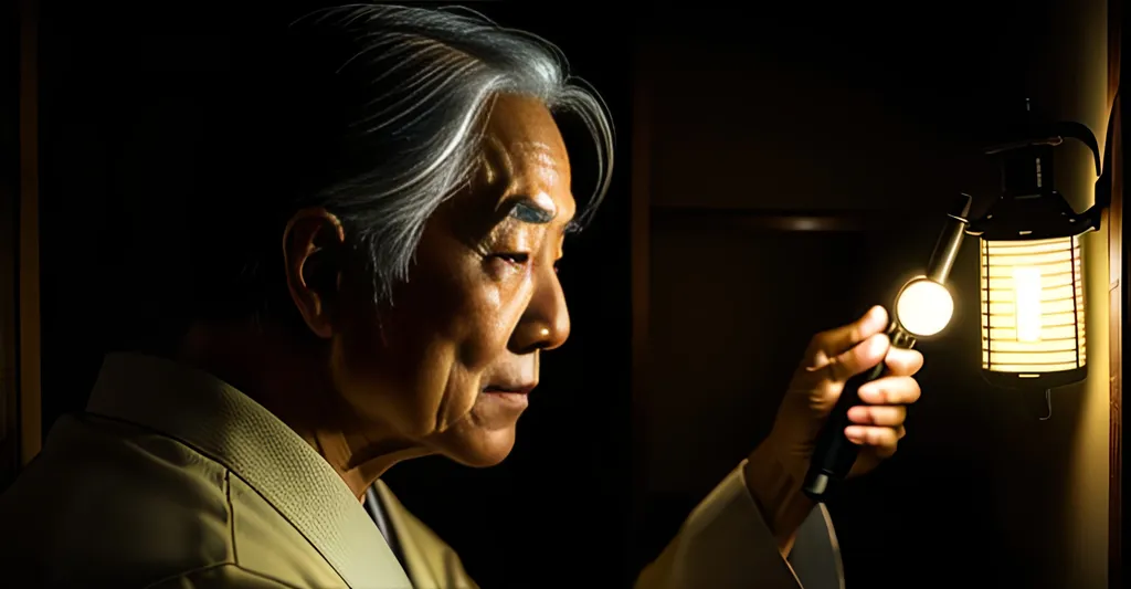 Prompt: close up, Digital art of an older japanese man shining a flashlight in an old house, finds a secret, perfect composition, hyperrealistic, super detailed, 8k, high quality,  sharp focus, studio photo, intricate details, highly detailed, by greg rutkowski

