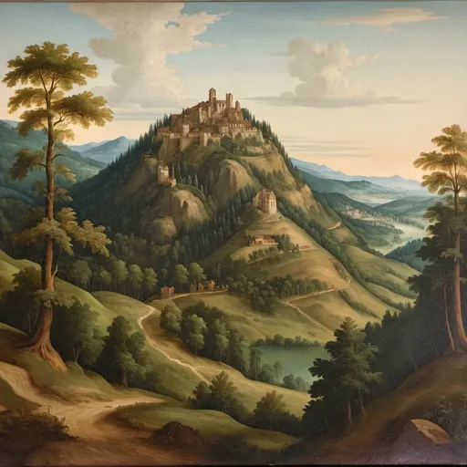 Prompt: Vintage painting of the renaissance era kingdom in the hills surrounded by forest  