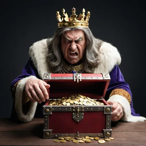 Prompt: an angry king looking at an empty chest with some gold coins