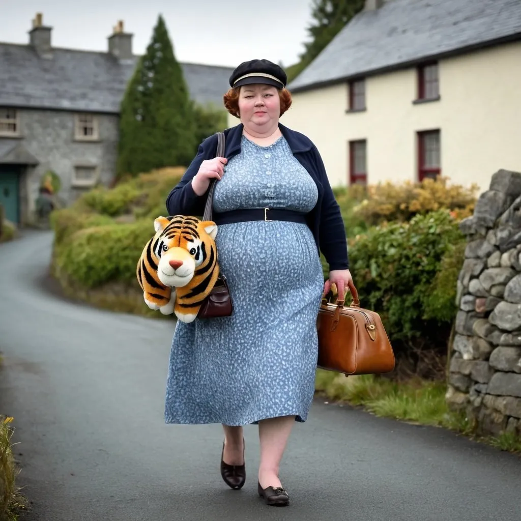 Prompt: An overweight Irish lady, wearing vintages dress, holding tiger cuddly toy, wearing vintage lady cap and carrying a vintage handbag, walking at greystone village, Wicklow, Ireland