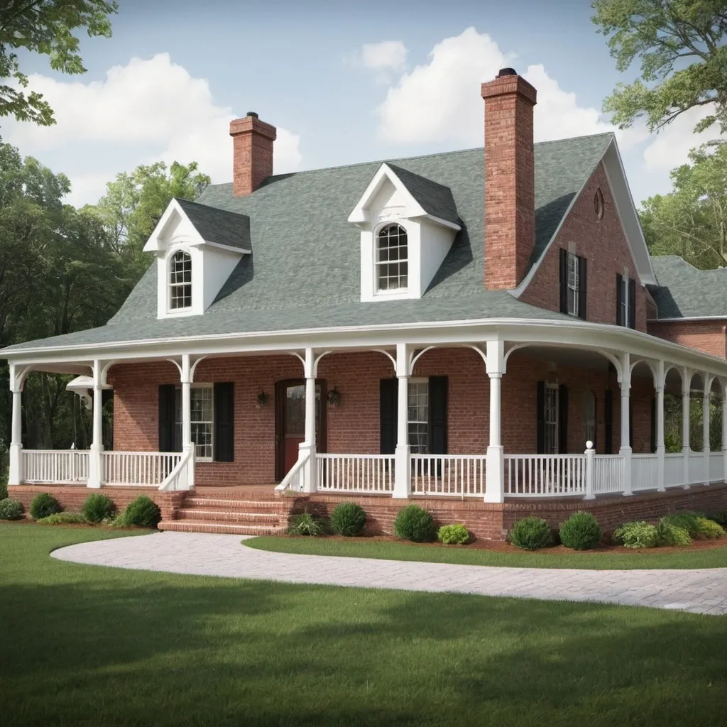 Prompt: 2 story brick country cap cod house with wrap around porch
