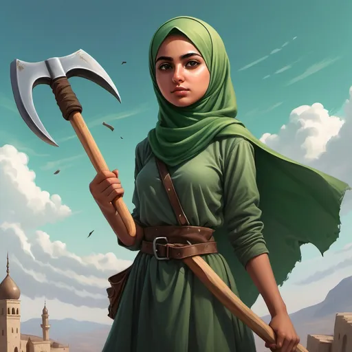 Prompt: a Muslim 16 year old girl in a green hijab holding a pick axe and a pick axe strapped to her back, with a sky background, Ayshia Taşkın, antipodeans, epic fantasy character art, a character portrait