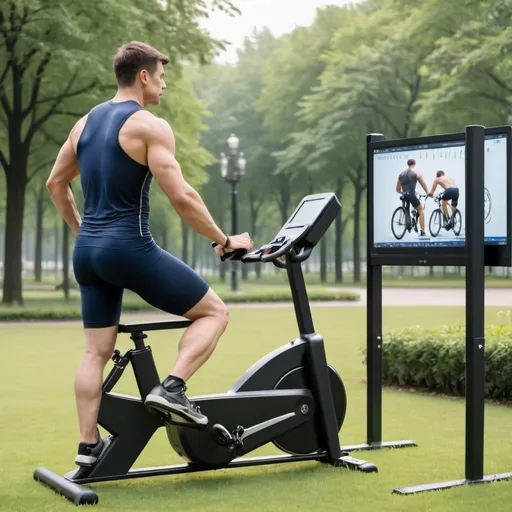 Prompt: The bicycle ergometry with athletic men that do exercise at park and the tall and big monitor is opposite from athletic men.