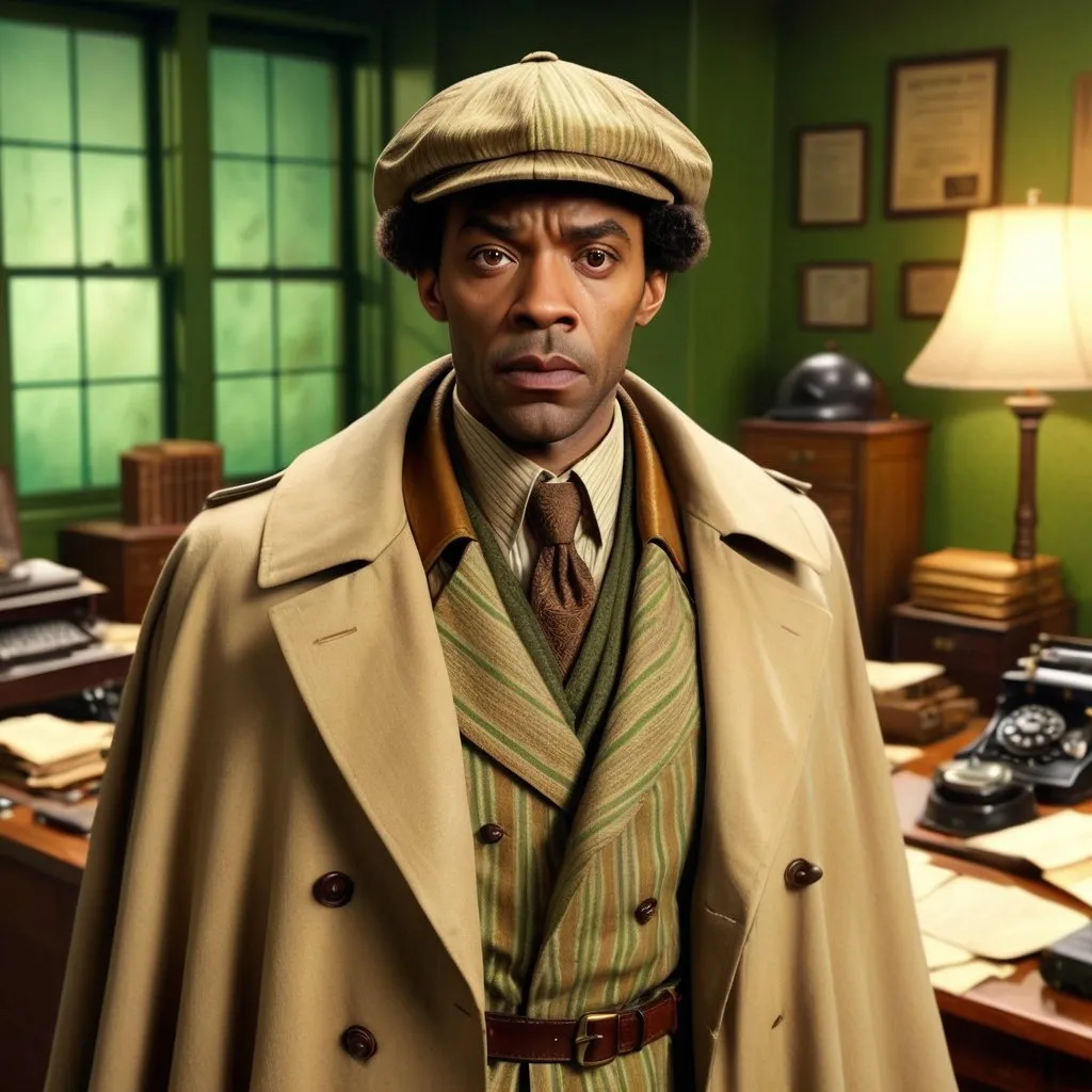 Prompt: Heavy built afro-American detective, Sherlock Holmes green striped cap, beige cloak and trenchcoat, cluttered 1900s office background, photorealistic, vintage style, detailed facial features, atmospheric lighting, realistic textures, professional, highres, detailed props, detective, vintage, atmospheric office setting, detailed background, serious expression, warm tone lighting
