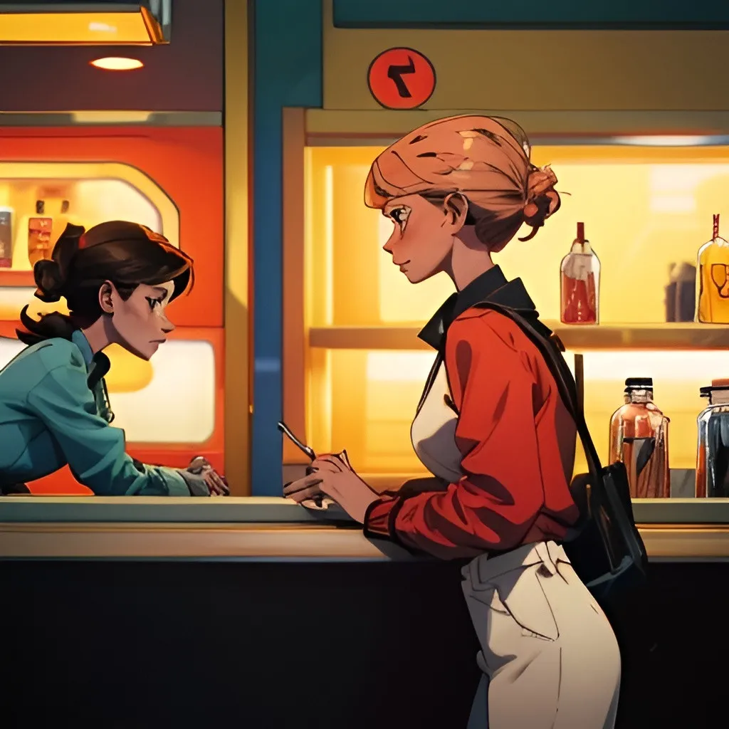 Prompt: two women are standing in a magazine and cigarette shop.  one woman stands behind the counter because she is a saleswoman.  The other woman stands in front of the counter because she is a customer.  The woman behind the counter is a saleswoman, looking at the customer with a neutral gaze.  The woman in front of the counter, a customer, asks something with a smile.  both women are facing us in profile