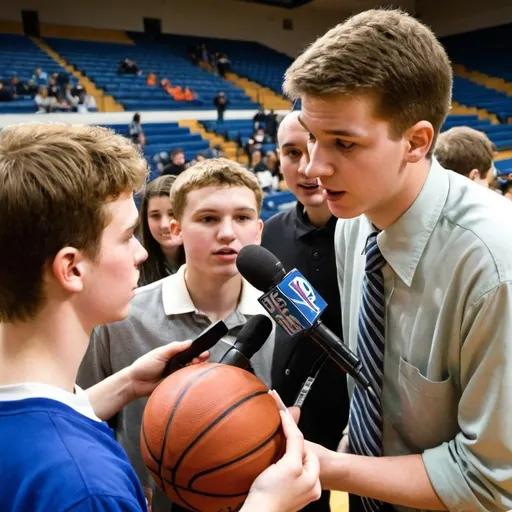 Prompt: Photograph of a broadcast radio journalist interviewing a high school basketball player after a game