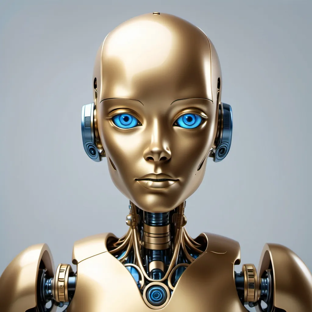 Prompt: A sophisticated conscious sleek advanced AI humanoid robotoy that is made of gold with piercing blue eyes and a welcoming expression