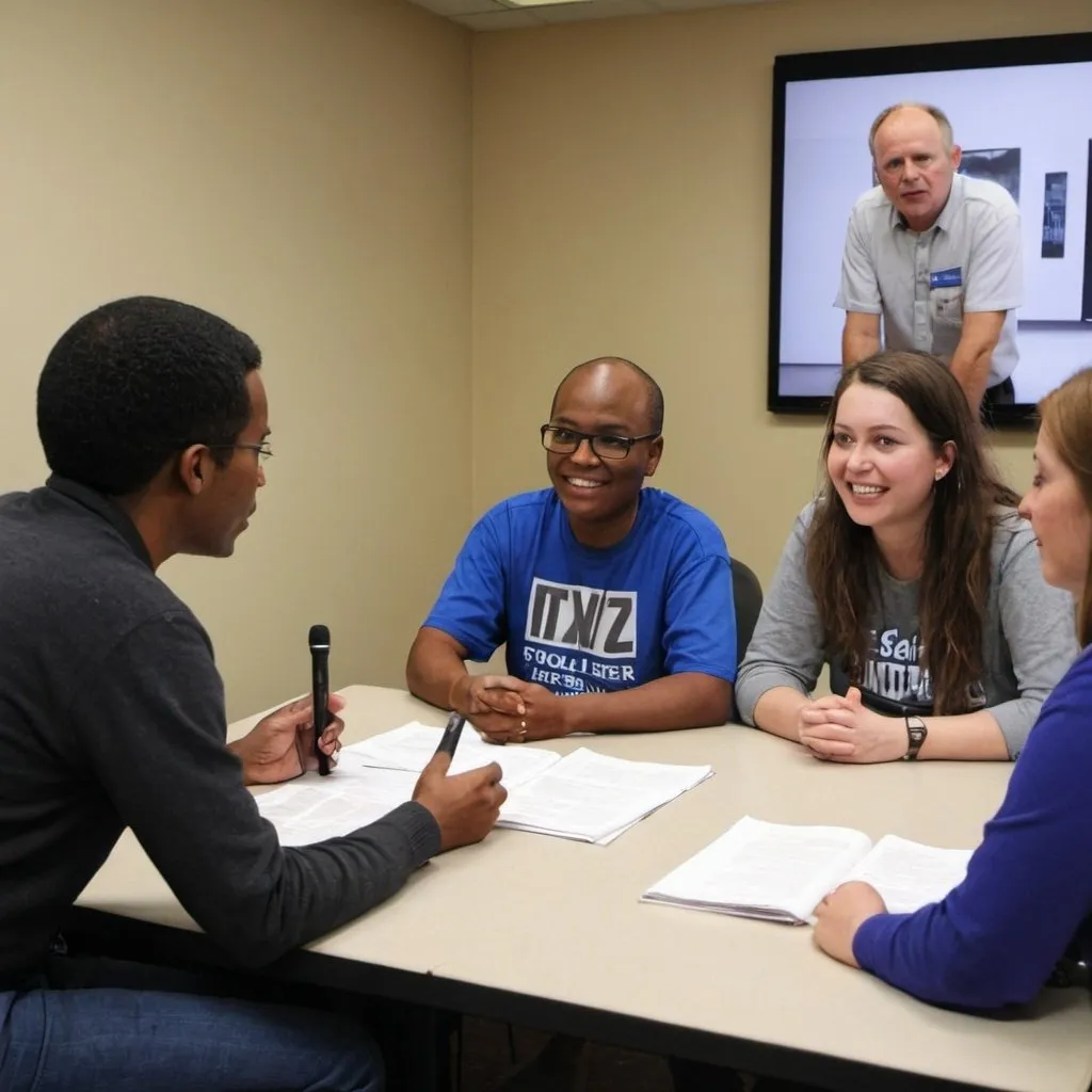 Prompt: Photograph of three community member volunteers learning about broadcast journalism,  interviewing.