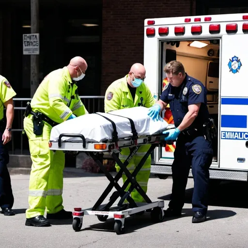 Prompt: Photograph of EMS workers loading a dead body into an ambulance after Ianothef fentanyl overdose eith on Lookers crying