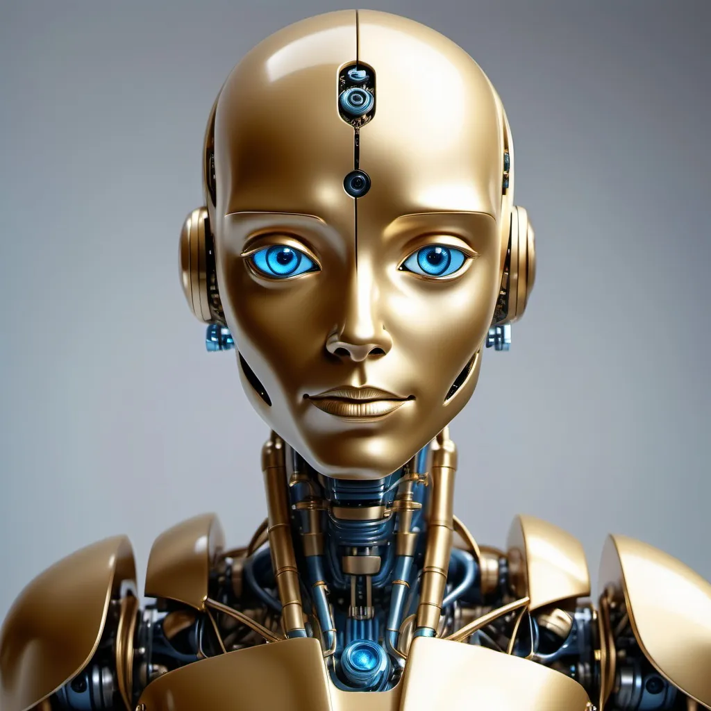 Prompt: A sophisticated conscious sleek advanced AI humanoid robotoy that is made of gold with piercing blue eyes and a welcoming expression