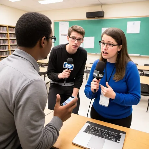 Prompt: Photograph of  student radio journalist interviewing a teacher about social media dangers after class
