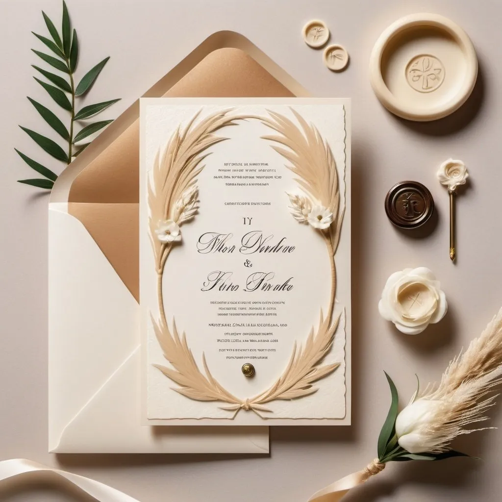 Prompt: cream color wedding invitation with pampas, wax seal stamp, seal, white flower, leaves the invitation centered (front side and back side seperated) the other elements around it 