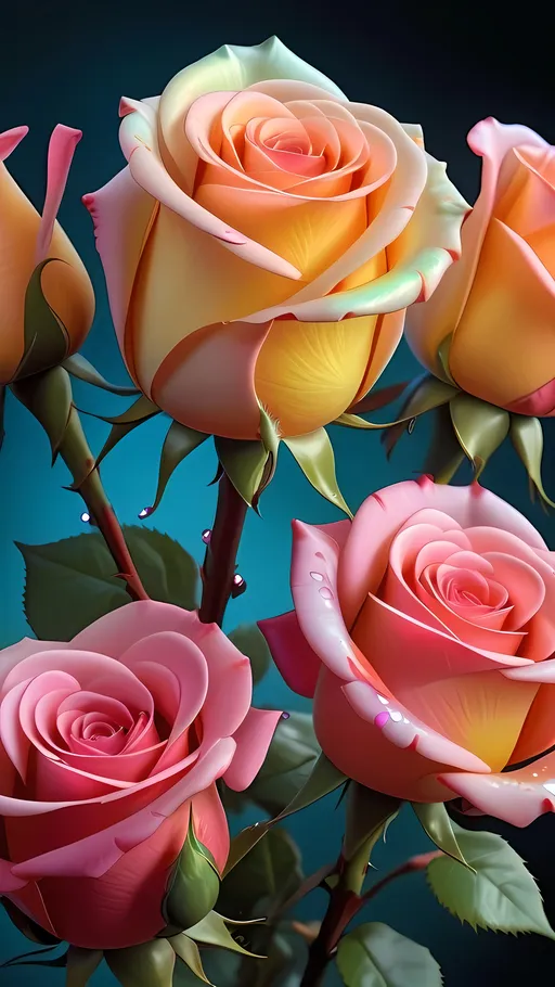 Prompt: Hyper-photorealistic-festive dynamic volumetric, professional ultra lighting, digital masterpiece oiled-painting comic art style of a mesmering beauty of a boquet hybrid unknown iridescently adorned long-stem-roses photorealism