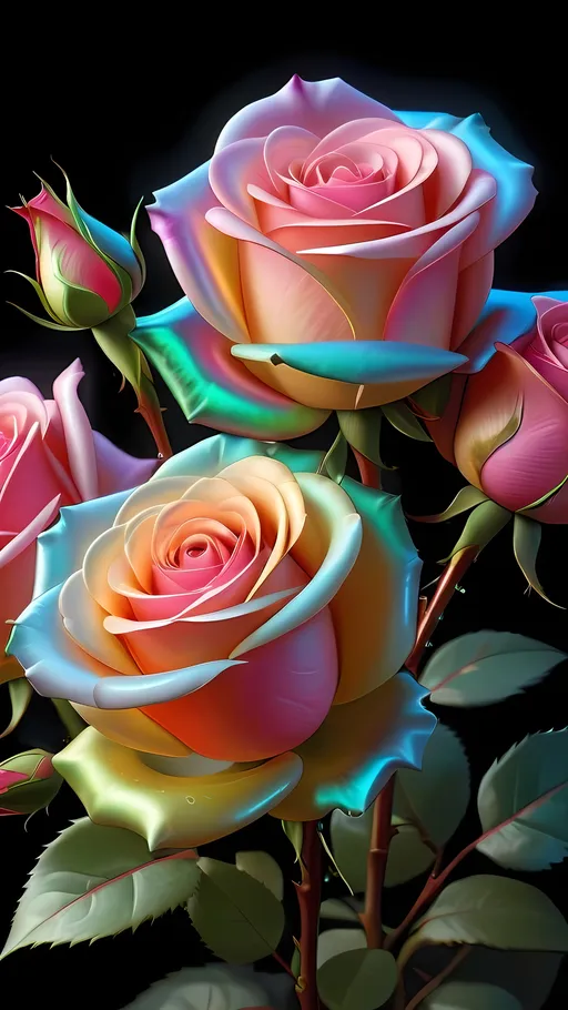 Prompt: Hyper-photorealistic-festive dynamic volumetric, professional ultra lighting, digital masterpiece oiled-painting comic art style of a mesmering beauty of a boquet hybrid unknown iridescently adorned long-stem-roses photorealism