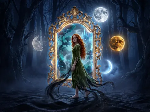 Prompt: A dark fantasy cinematic scene at night. A young red-haired woman with long flowing hair stands barefoot in front of an ornate golden mirror with intricate baroque details. She wears a moss-green dress that moves with the wind.
Black sand swirls around her legs, wrapping and climbing like living shadows, dissolving into particles.
The mirror glows with magical energy, and inside it, a distorted reflection of the girl appears in a surreal world.
In the sky beyond the mirror, there are FOUR moons, each in a different phase and position:
— A bright full silver moon (north), casting sharp, clear light
— A glowing blue crescent moon with a soft halo (south)
— A golden waning moon with volcanic cracks (east)
— A pale, almost invisible broken moon (west), dim and unsettling
The reflection world shows a magical landscape with glowing trees, a distant castle, and ethereal mist.
The real world around her is darker, forest-like, with deep shadows and subtle blue lighting.
High detail, ultra realistic, dramatic lighting, volumetric fog, magical particles, depth of field, 8k, fantasy book cover, epic, emotional, mysterious, contrast between warm gold and cold blue tones.
