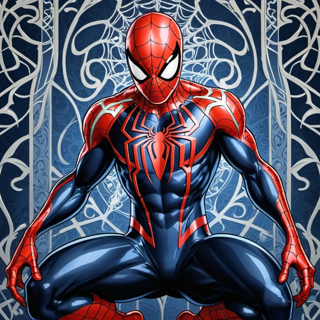 Prompt: Anime illustration, detailed ornate cloth, dramatic, art nouveau illustration of Spiderman 2099, masculine figure, thick lines, intricate details, beautiful colors, MARVEL, lighting, Miguel O'Hara