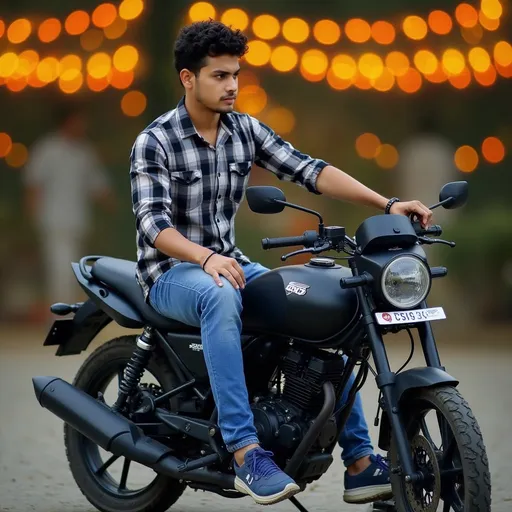 Prompt: The image shows a young man sitting on a black motorcycle. He is wearing a black and white checkered shirt, blue jeans, and blue sneakers. He has curly hair and is looking off to the side with a serious expression on his face. The motorcycle has a license plate that reads "Honda CB150R". The background is blurred, but it appears to be an outdoor setting with orange and yellow lights.