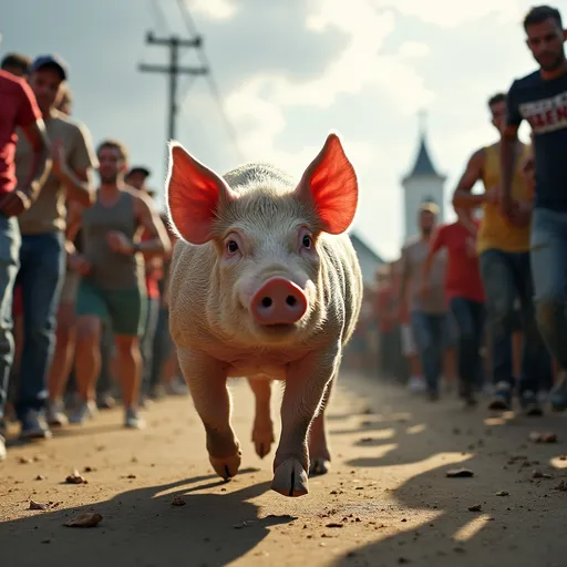 Prompt: A pig walking side SDA church and people running after him