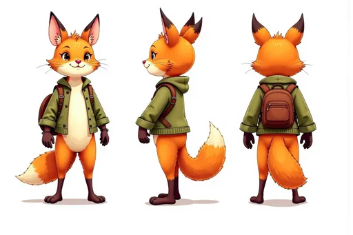 Prompt: A full-body character sheet of cartoon illustration female fox bf7b38d2 with orange fur, large ears, green jacket, brown gloves, bushy tail, backpack displayed in three clear views on a clean white background, arranged in a three-column grid pattern with equal spacing and importance. Left panel: front view showing complete anatomical details and outfit. Center panel: perfect 90-degree side view (profile) clearly showing the character's side silhouette, facial profile, and outfit from a direct lateral perspective. Right panel: back view revealing posterior details Each view maintains consistent scale, lighting, and full-body presentation from head to toe. All three perspectives must be equally detailed and given equal prominence in the composition.