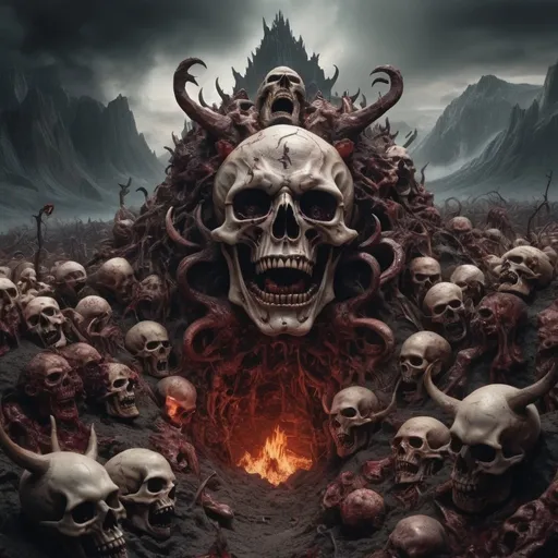 Prompt: Frozen hell landscape with  wicked deformed faces everywhere and demons torturing people. Ripping and tearing and eating flesh from the bones hundreds of faces in agony in the ground reaching for you with a demon king with the letters ELI carved in his head 
