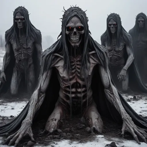 Prompt: Cold dark frozen hell full of demons with featureless faces and deformed hunched bodies coming out of the ground 