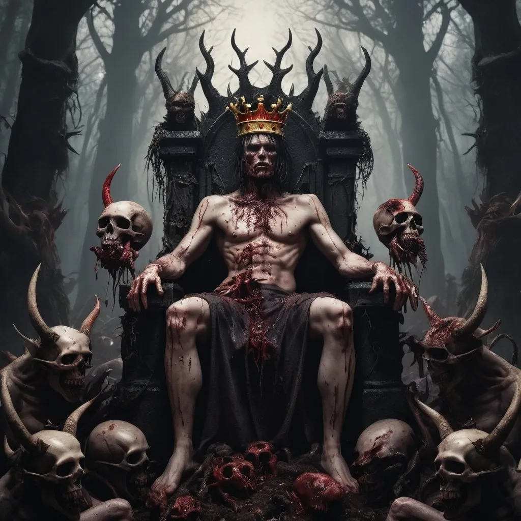 Prompt: Demon king holding a severed head wearing a crown made of fingers sitting on a throne made of corpses surrounded by animalistic deformed demons with tortured deformed heads coming out of the ground in a dark forest 