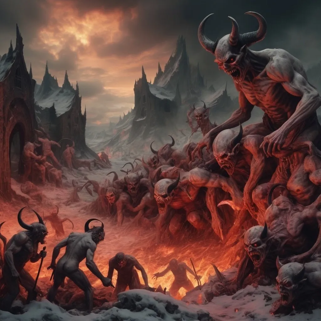 Prompt: Frozen hell landscape with  wicked deformed demons torturing people. Ripping and tearing and eating 