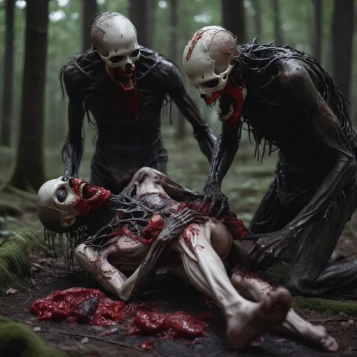 Prompt: Demons peeling the skin off of a headless body in a dark forest and eating corpses with deformed mouths