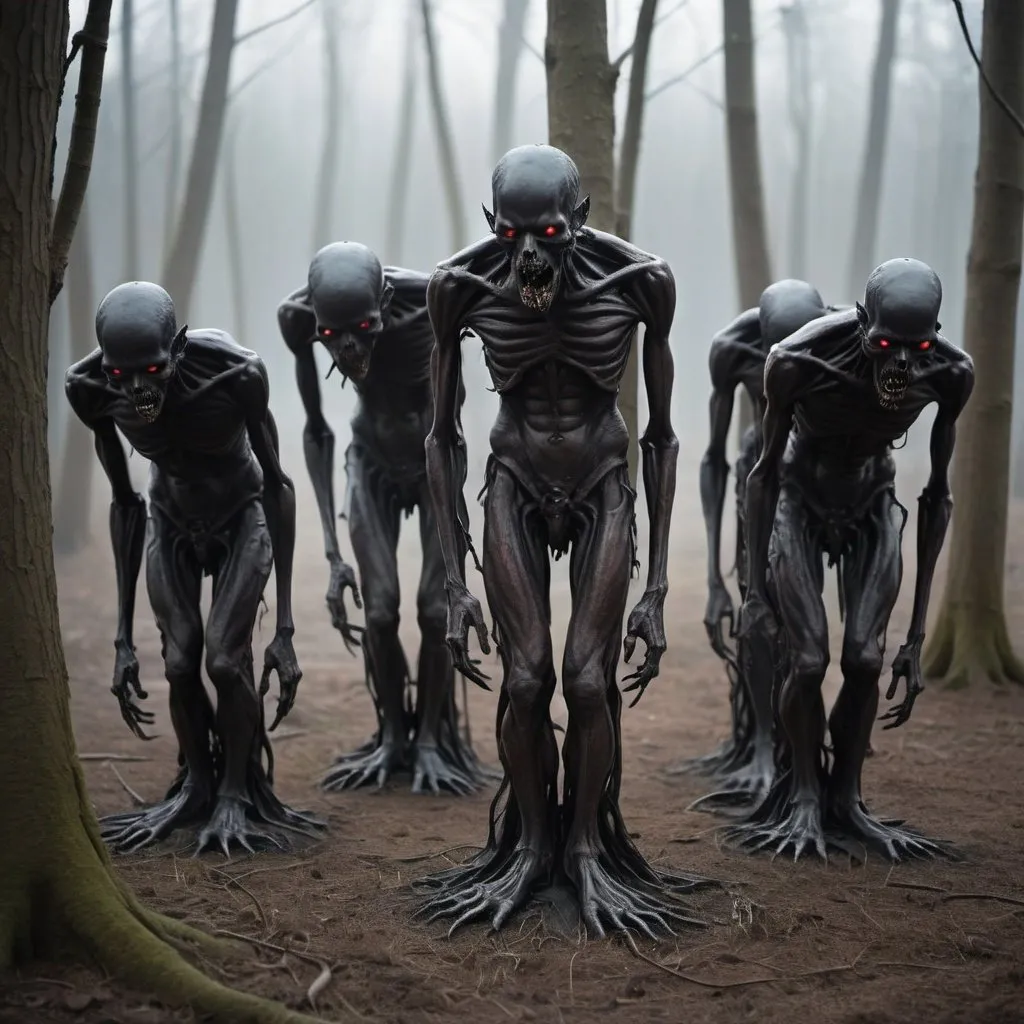 Prompt: A bunch of demonic beings thin bony deformed elongated fused cold dark emerging from the trees, ground tortured bound deformed hunched backwards inside out 