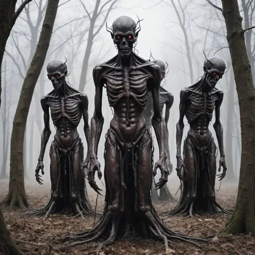 Prompt: A bunch of demonic beings thin bony deformed elongated fused cold dark emerging from the trees, ground tortured bound deformed hunched backwards inside out 