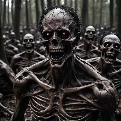 Prompt: Hundreds of demonic people emerging from the trees and ground in a dark forest bony elongated fused deformed contorted tortured ripped cold dark horrors deformed faces of death 