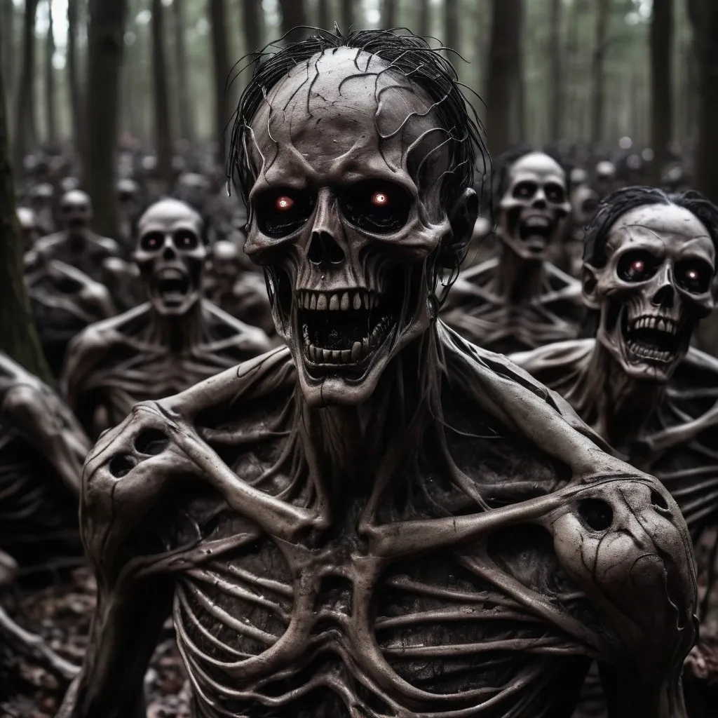 Prompt: Hundreds of demonic people emerging from the trees and ground in a dark forest bony elongated fused deformed contorted tortured ripped cold dark horrors deformed faces of death 