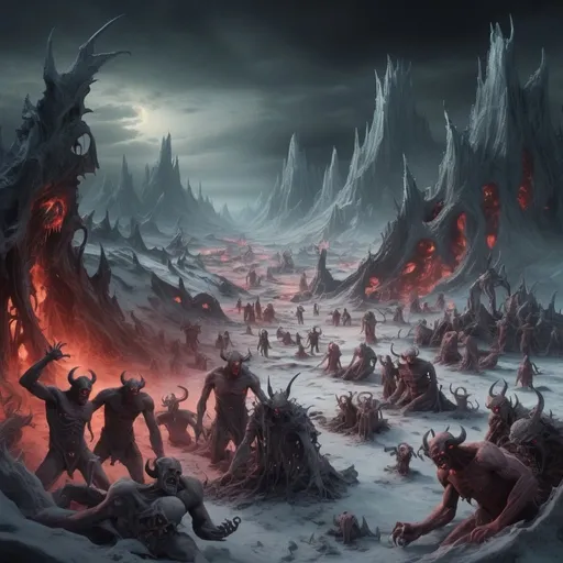 Prompt: Frozen hell landscape with tortured souls and wicked deformed demons torturing evil wicked monster people 